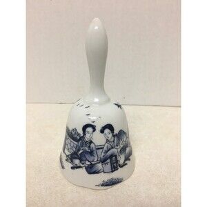 Vintage Oriental Blue White Geisha Girls Scenery Collector Porcelain Bell 5"H